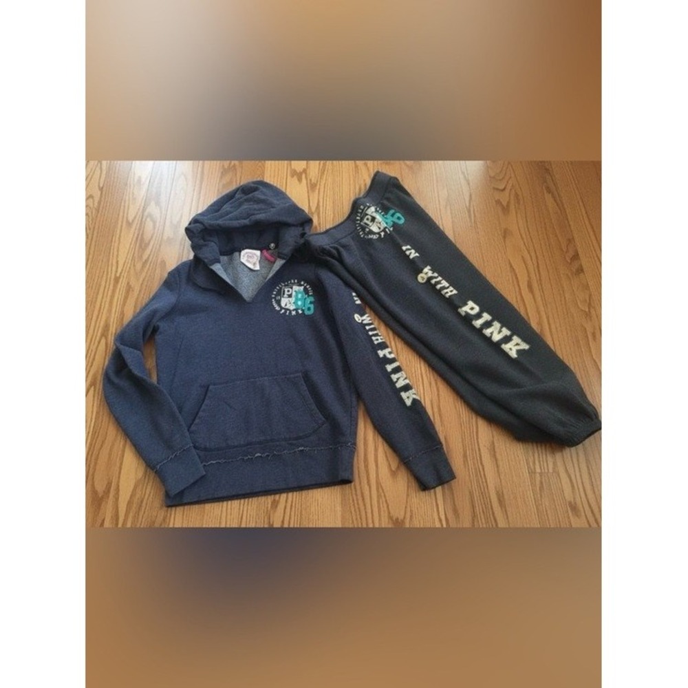 Vintage Y2K Victoria's Secret PINK Navy Blue Tracksuit Set Hoodie Joggers Small